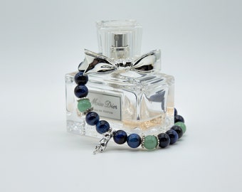 Blue Tigerseye and adventurine bracelet with cute 925 silver cat charm