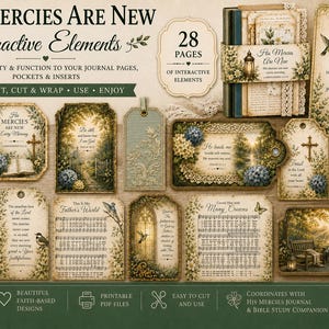May include: A collection of 28 printable interactive journal elements featuring vintage-style botanical illustrations, scripture verses, and hymn lyrics. The set includes tags, belly bands, pockets, and envelopes with floral, lantern, and bird motifs.