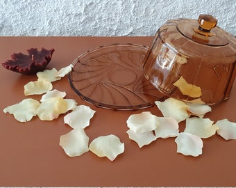 Ancienne cloche à fromage ou à dessert et son plateau en verre pressé rose