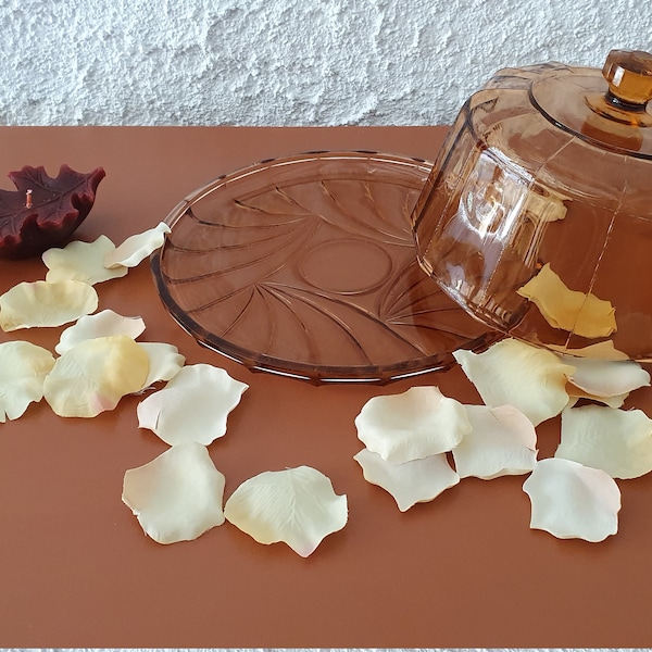 Ancienne cloche à fromage ou à dessert et son plateau en verre pressé rose