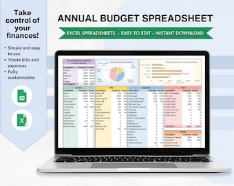 Puede incluir: Una computadora portátil muestra una hoja de cálculo de presupuesto anual. La pantalla muestra datos financieros con gráficos y tablas. El texto en la pantalla dice "Annual Budget Spreadsheet" y "Excel Spreadsheets - Easy to Edit - Instant Download."
