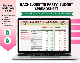 May include: A laptop computer screen displaying a pink and green spreadsheet titled "Bachelorette Party Budget". The spreadsheet includes categories for party budget items, such as air tickets, transportation, hotel rooms, food, drinks, brunch, decorations, games supplies, dinner, misc, and total. The spreadsheet also includes columns for percentage, budgeted amount, estimated amount, and actual amount. The spreadsheet is designed to help plan and track the budget for a hen party.