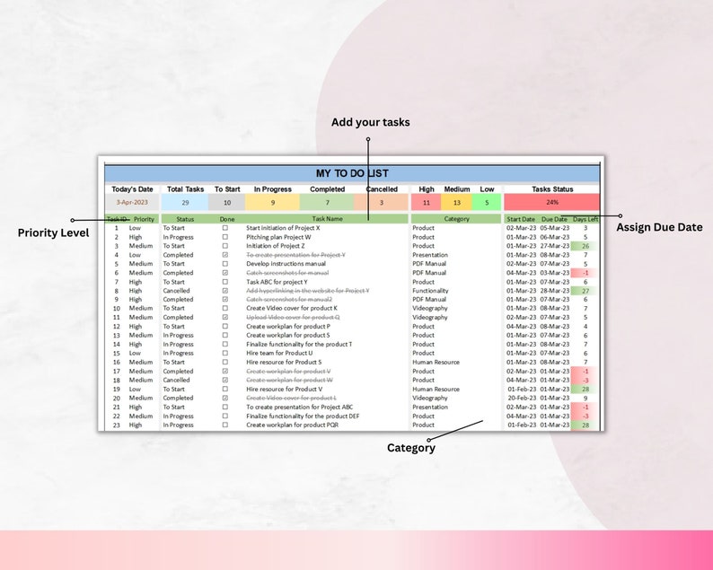 To Do List Excel Spreadsheet, Excel to Do List, Task Planner ...