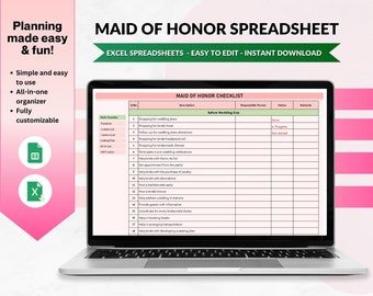 May include: A laptop screen displaying a Maid of Honor Checklist spreadsheet. The spreadsheet is organized into columns with headings for task, description, responsible person, status, and remarks. The spreadsheet is designed to help a maid of honor plan and organize tasks for a wedding.