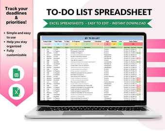 May include: A laptop computer displaying a spreadsheet titled "My To Do List". The spreadsheet is organized into columns for task ID, priority, status, due date, start date, days left, and category. The spreadsheet is a to-do list template for tracking deadlines and priorities.