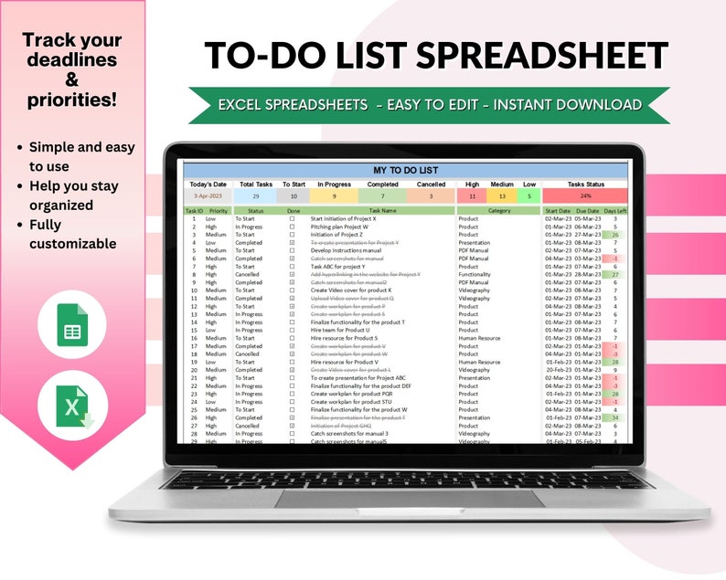 To Do List Excel Spreadsheet, Excel to Do List, Task Planner ...