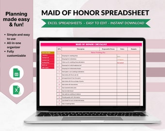 Maid of honor planning spreadsheet, bachelorette party, digital wedding planner and checklist, google sheet bridal shower, bridesmaid duties