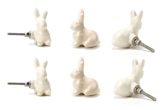 Set of 4 Ceramic White Bunny Rabbit Knobs or Pulls for Cabinets 4 Dressers and Drawers