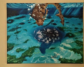 Small 11x14in Canvas, Original Acrylic Shark Mermaid