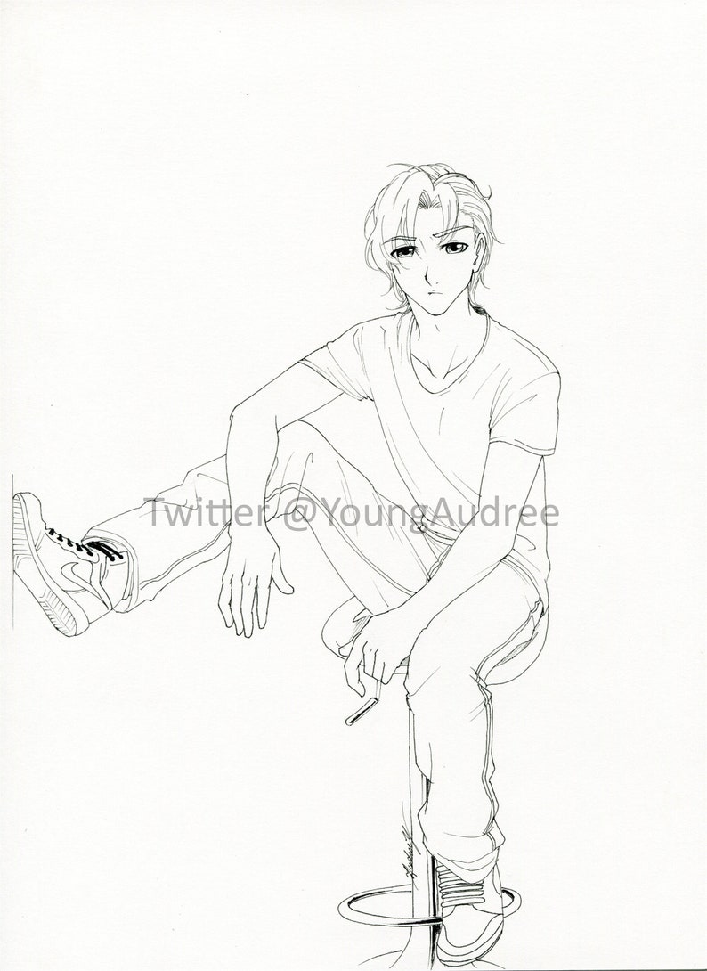 Traditionally Hand Drawn Anime Guy Sitting Pose Printable Etsy