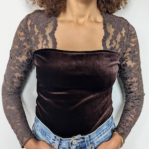 Square Neck Velvet & Lace Long Sleeve Top