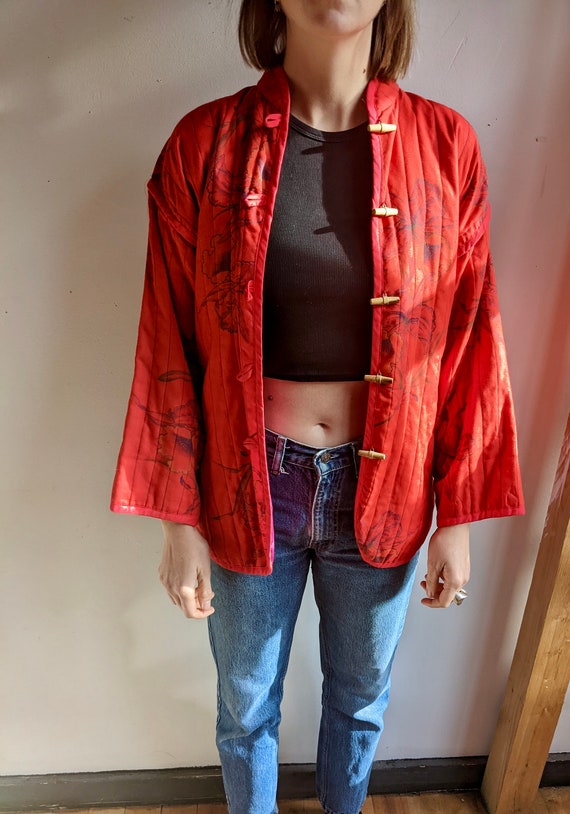 Vintage 60’s Red Floral Quilted Jacket with Toggl… - image 3