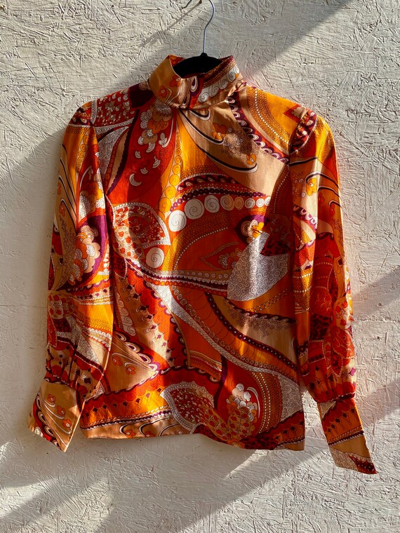 60's/70's Vintage Orange Paisley Blouse - image 2