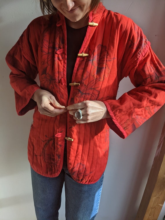 Vintage 60’s Red Floral Quilted Jacket with Toggl… - image 1