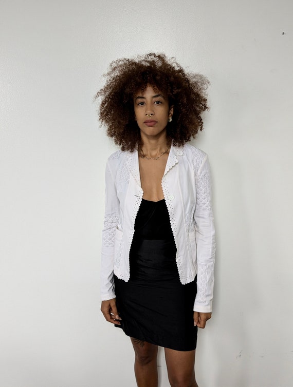 White Textured Patchwork Blazer - image 1