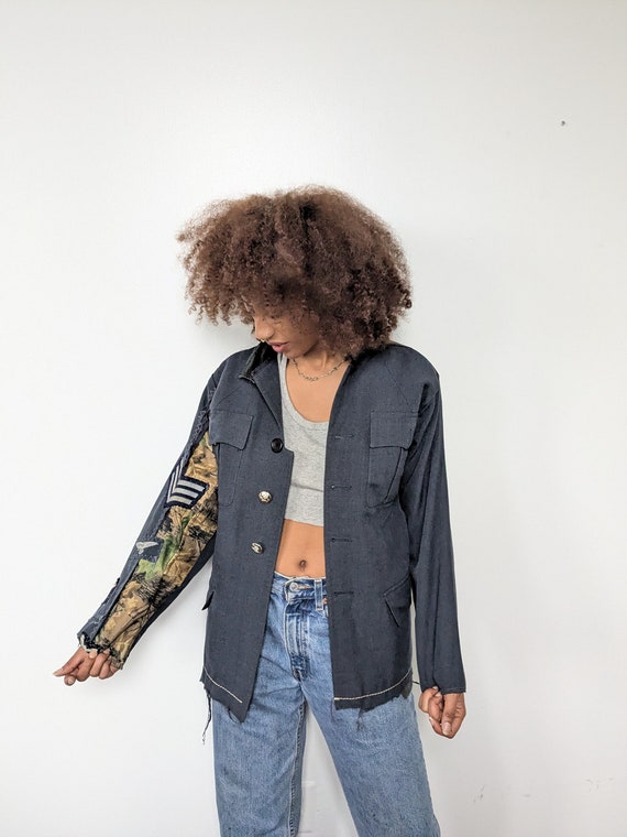Denim & Leather Patchwork Blazer Jacket - image 2
