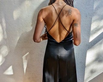 新品未使用　UNOF BACK CROSS DRESS Silk Maxi Cross-back Black Dress - Etsy