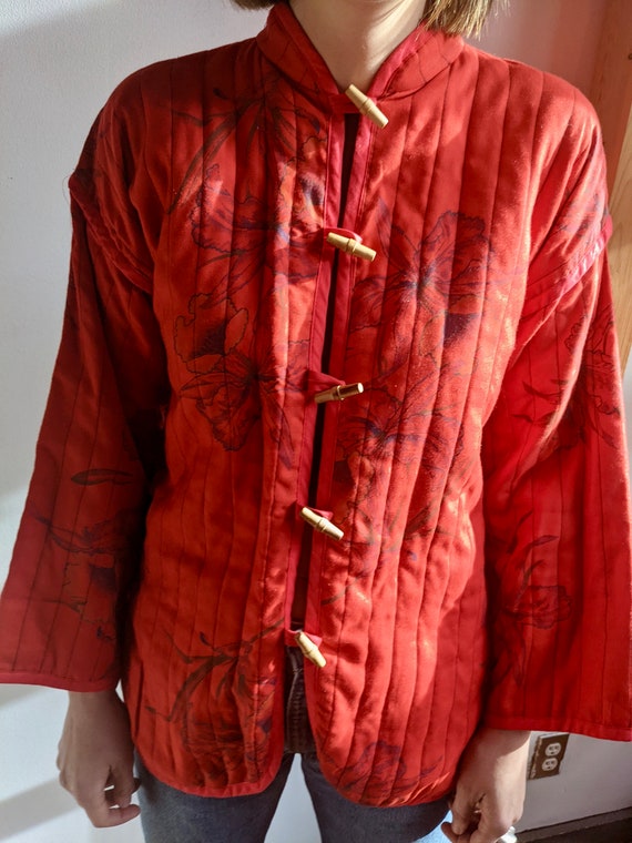 Vintage 60’s Red Floral Quilted Jacket with Toggl… - image 2