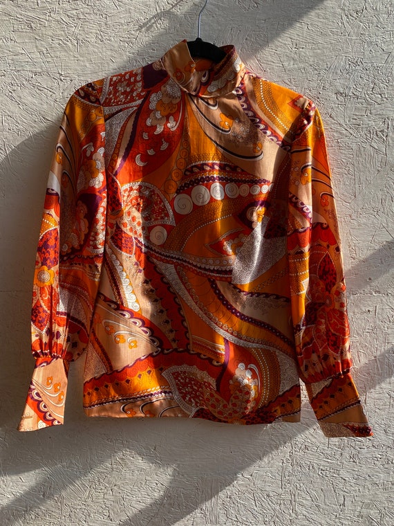 60's/70's Vintage Orange Paisley Blouse - image 3