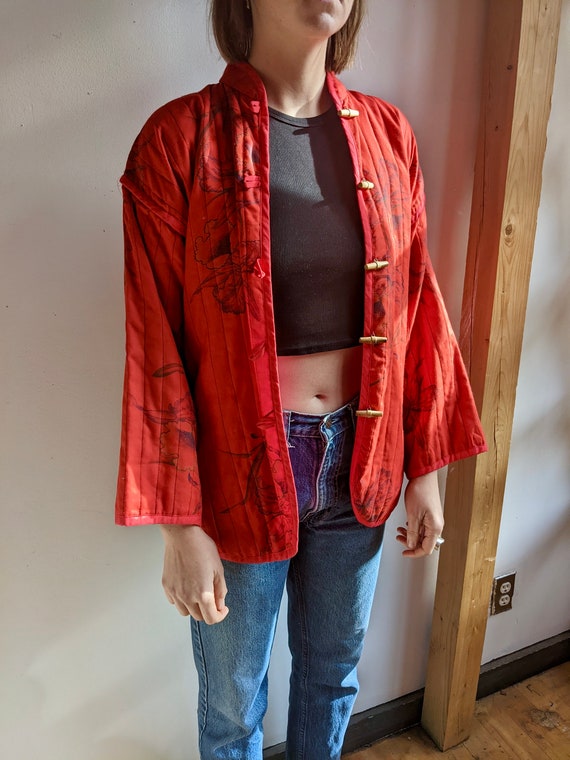 Vintage 60’s Red Floral Quilted Jacket with Toggl… - image 4