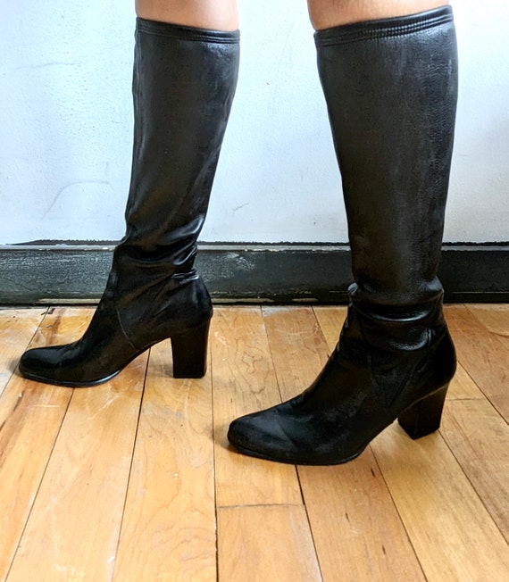 Vintage Black Knee-High Heeled Leather Boots