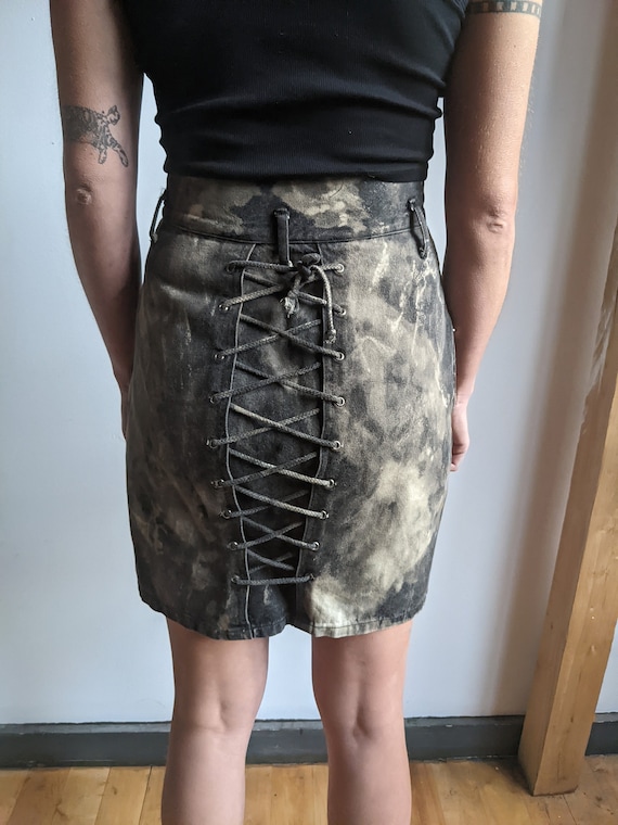 Vintage Bleached Denim Skirt with Lace-Up Back