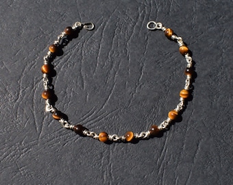 925 Silver bracelet and Tiger Eye stones/ Round stones, silver thread/ Unique handmade gift in France/ Lithotherapy/ rosary mesh