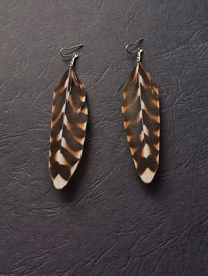 Earrings in natural pheasant hen feathers and surgical steel unique handmade BO feathers black and brown patterns