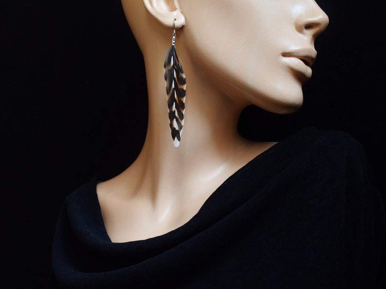 Earrings in natural pheasant hen feathers and surgical steel unique handmade BO feathers black and brown patterns