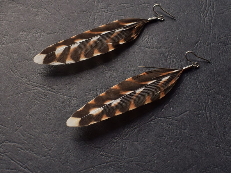 Earrings in natural pheasant hen feathers and surgical steel unique handmade BO feathers black and brown patterns