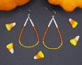 Candycorn Hand Beaded Halloween Drop Earrings, Adult Halloween Costume