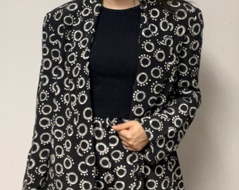 Vintage 100% Silk Blazer and Pants Set Black White Circles Restivo Sport