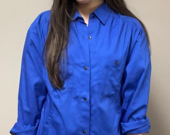 Vintage Diane Von Furstenburg Royal Blue Long Sleeve Button Down Blouse Medium 100% Cotton Button Down DVF Button Down