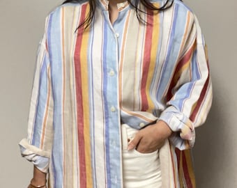Vintage 100% Linen Striped Button Down Company Ellen Tracy Size Medium