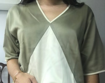 Vintage Nina Ricci Paris Green Geometric T Shirt Cream Cotton Tee Short Sleeve Blouse Essential Casual Hipster