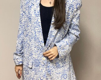 Vintage 100% Silk Blazer Saks Fifth Avenue Real Clothes Blue Pattern Silk Blazer Essential Medium 1970s 1980s