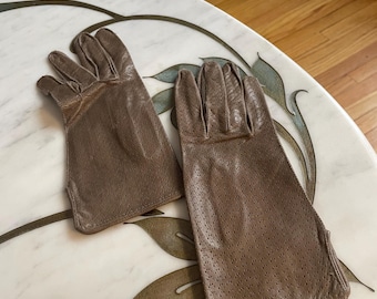 Vintage 1960s Brown Leather Perforated Leather Winter Gloves Made in Italy Italian Leather Gloves