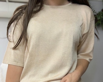 Vintage Bloomingdales Beige Short Sleeve Blouse Top 70s 80s 90s Tan