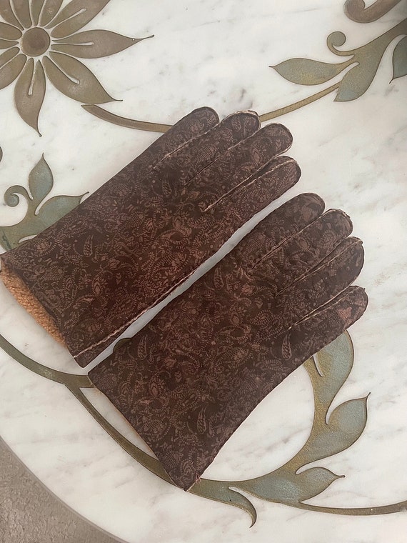 Vintage Suede Shearling Lined Brown Gloves Paisley