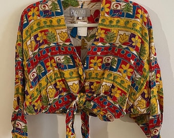 Vintage Platinum Long Sleeve Top by Dorothy Schoelen Size Large Colorful Fun Rare Sought After Vintage Yellow Red Green Button V Neck