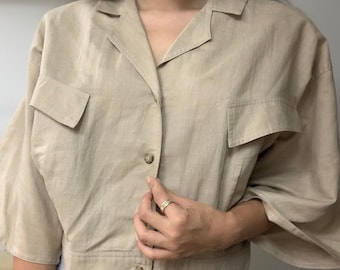 Vintage 80s Tan Jacket Notations Linen Look Ramie Essential Jacket Coat Top Cotton