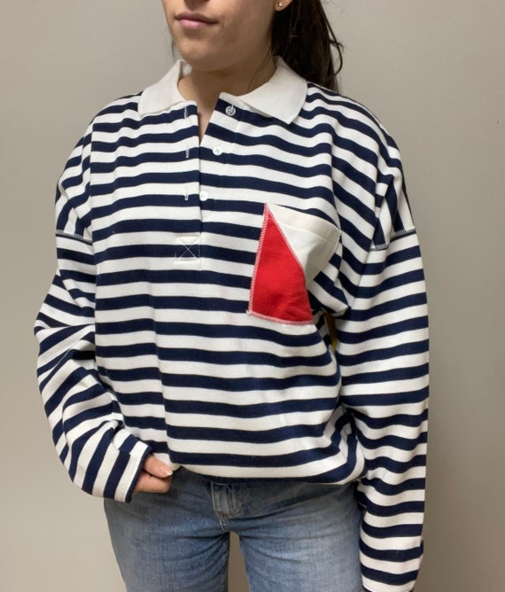 Vintage 90s Button Down Polo Sweatshirt Striped R… - image 1