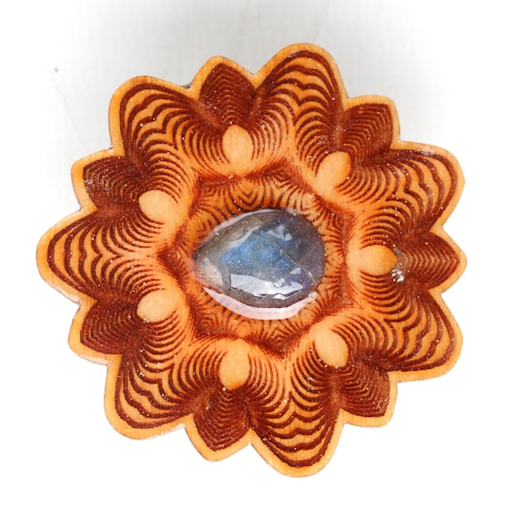 Symmetrical Wood Mandala Pin with Labradorite gemstone