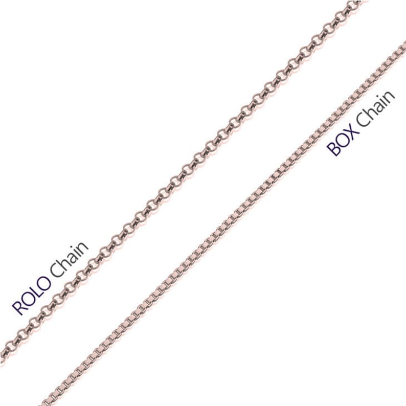 May include: Two types of silver chains, a rolo chain and a box chain. The rolo chain is a round, linked chain. The box chain is a square, linked chain.