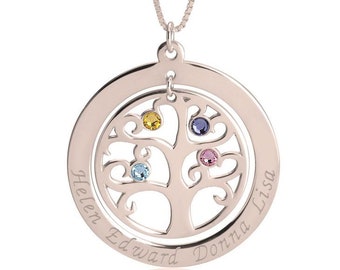 Family tree, necklace, anniversary gift, personalized gift, name necklace, birthstone necklace, circle necklace, pendant necklace