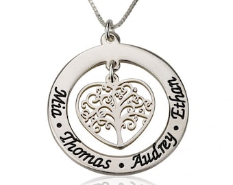 Family tree necklace, heart necklace, name necklace, wedding gift, custom gift, sterling silver necklace, mom necklace,