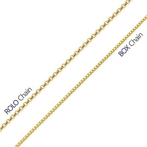 May include: Two gold chains, one with a rolo chain pattern and the other with a box chain pattern. The rolo chain is labeled "ROLO Chain" and the box chain is labeled "BOX Chain".