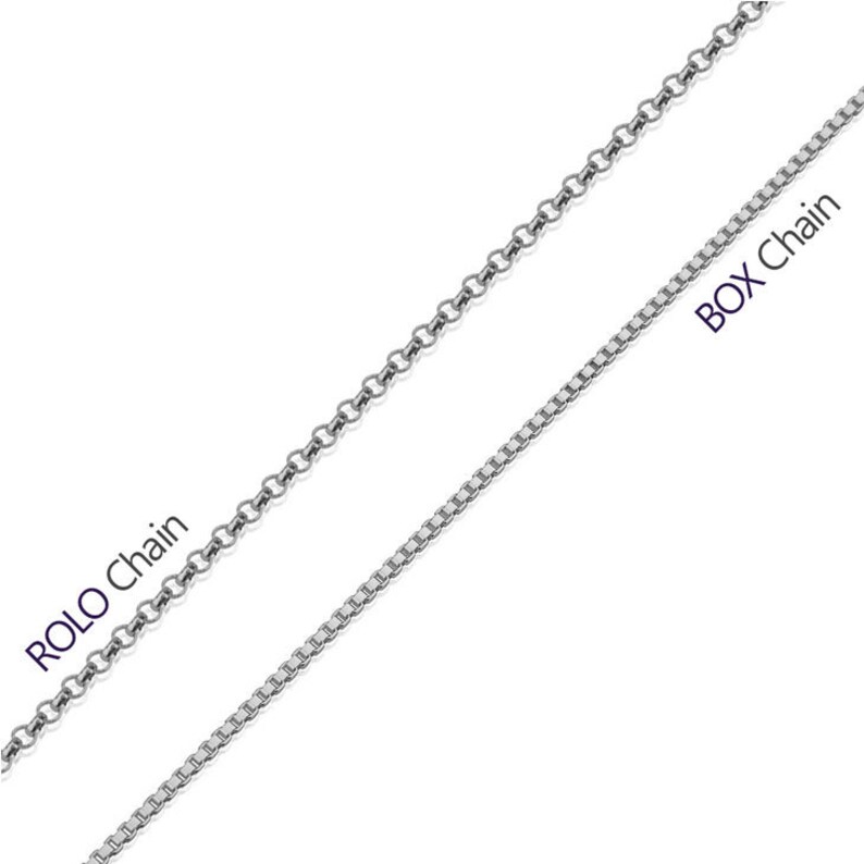 May include: Two silver chains, one with a rolo chain pattern and the other with a box chain pattern. The chain on the top is labeled "ROLO Chain" and the chain on the bottom is labeled "BOX Chain".
