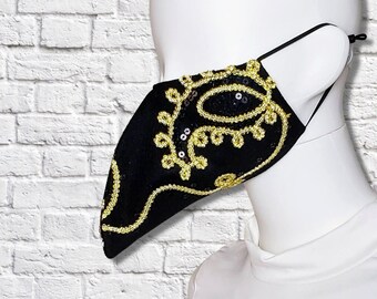 Plague Doctor Face Mask with Elastic Straps - Black Gold Paisley Lace - Shorter Beak - Non-Surgical - Cotton Mask - Two Layers