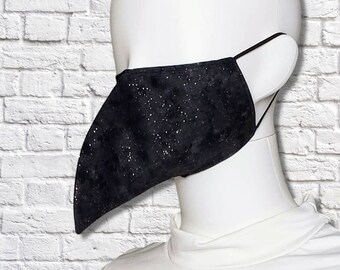 Plague Doctor Face Mask with Elastic Straps - Black Glitter - Shorter Beak - Non-Surgical - Cotton Mask - Two Layers